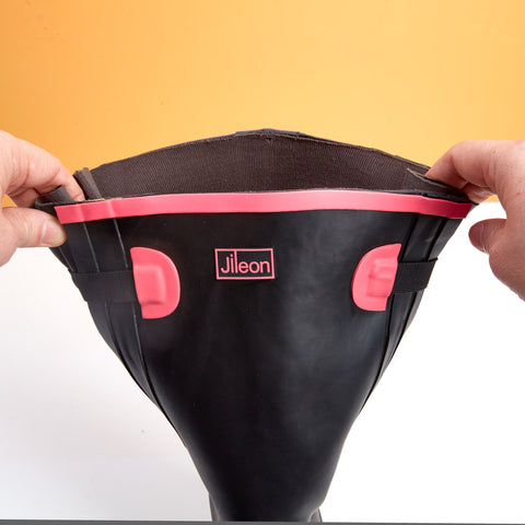 Extra Wide Calf Black Wellies with Hot Pink Trim - Wide in Foot & Ankle - Fit 40-57cm Calf