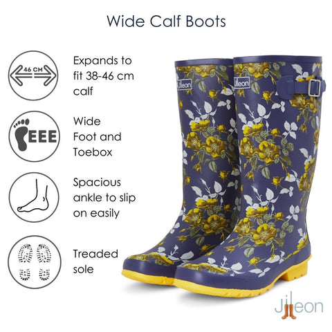 Wide Calf Wellies - Yellow Floral - Wide in Foot and Ankle - 37 to 46cm Calf