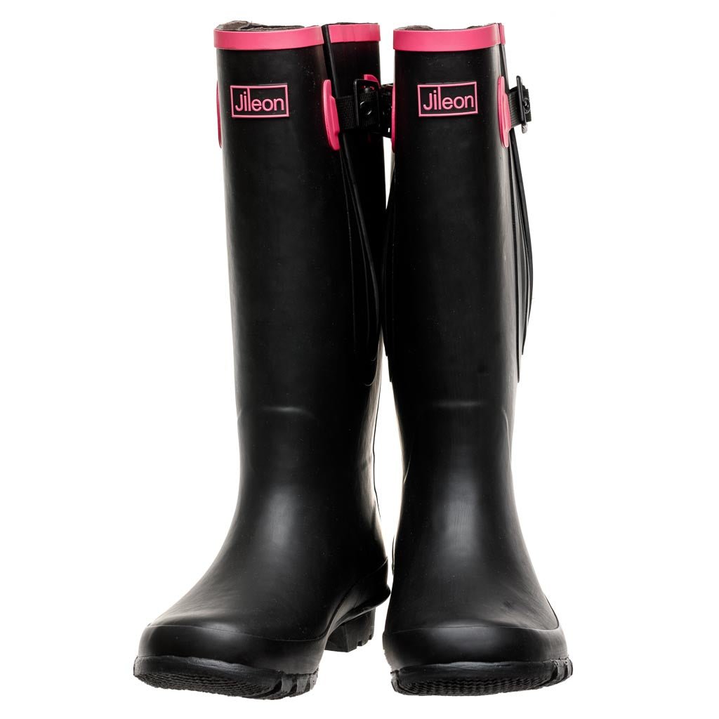 Extra Wide Calf Black Wellies with Hot Pink Trim - Wide in Foot & Ankle - Fit 40-57cm Calf - Jileon Wellies