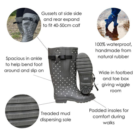 Extra Wide Calf Grey Spotty Wellies - fit up to 50cm calf - Wide in Foot and Ankle - Jileon Wellies