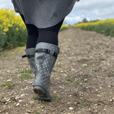 Extra Wide Calf Grey Spotty Wellies - fit up to 50cm calf - Wide in Foot and Ankle - Jileon Wellies