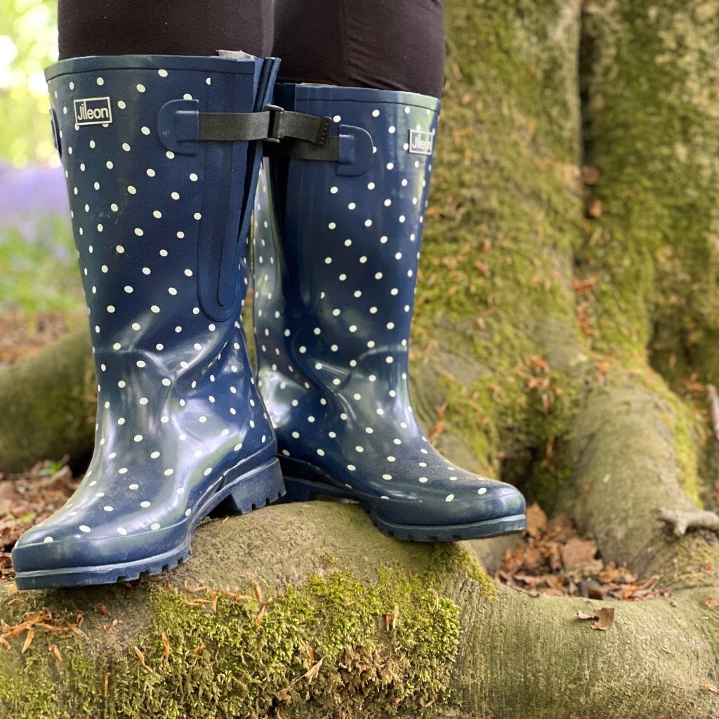 Extra Wide Calf Navy Spotty Wellies - Wide in Foot and Ankle - Fit 40-57cm Calf - Jileon Wellies