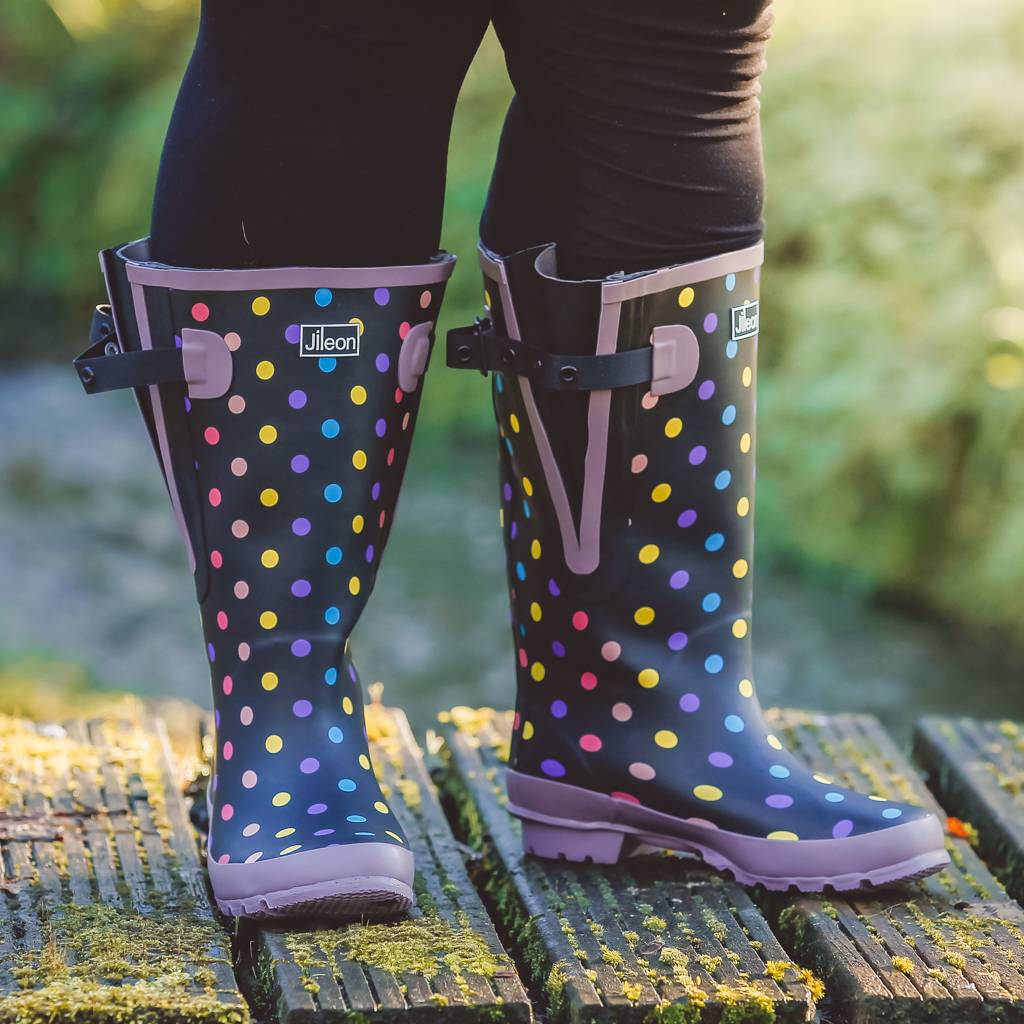 Extra Wide Fit Polka Dot Wellies - Wide in Foot and Ankle - Fit 40-57cm Calf - Jileon Wellies