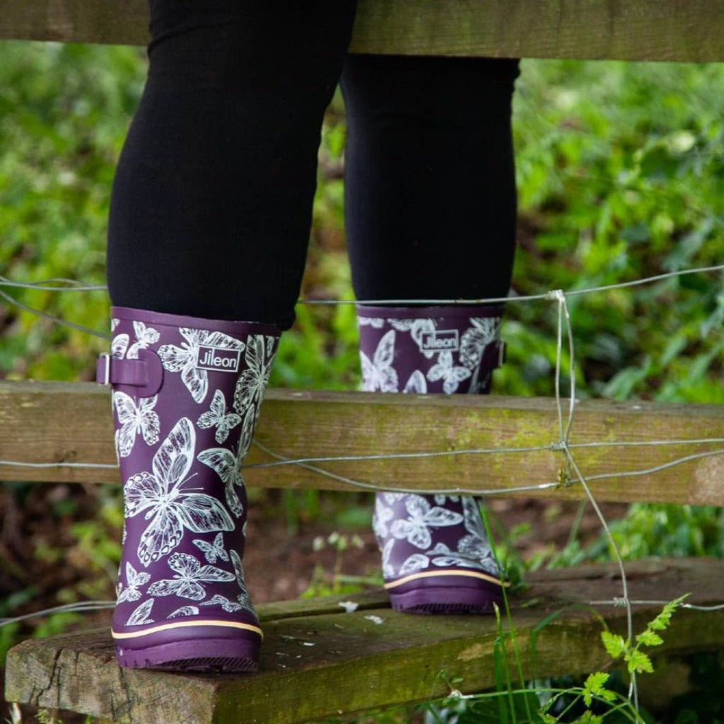 Half Height Purple Butterfly Wellies - Wide Foot and Ankle - Jileon Wellies
