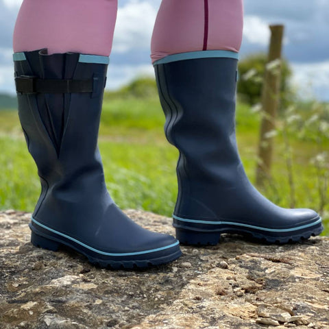 Wide Calf Wellies - Navy with Sky Blue Trim - Regular Fit in Foot and Ankle - Jileon Wellies