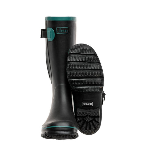 Wide Calf Wellies - Black with Teal Trim - Regular Fit in Foot and Ankle - 37 to 49cm Calf