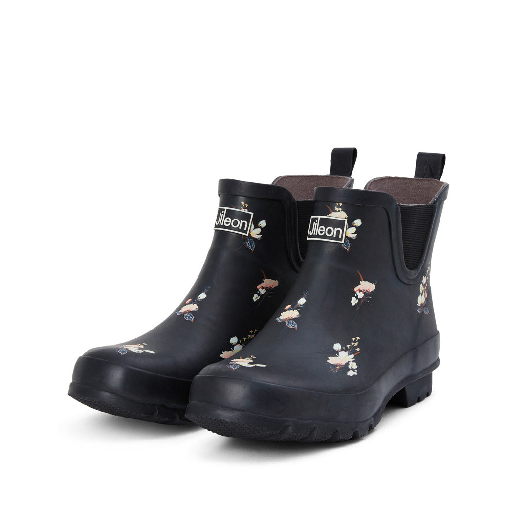 Ankle Wellies - Black Floral - Wide Foot - Easy to Slip On