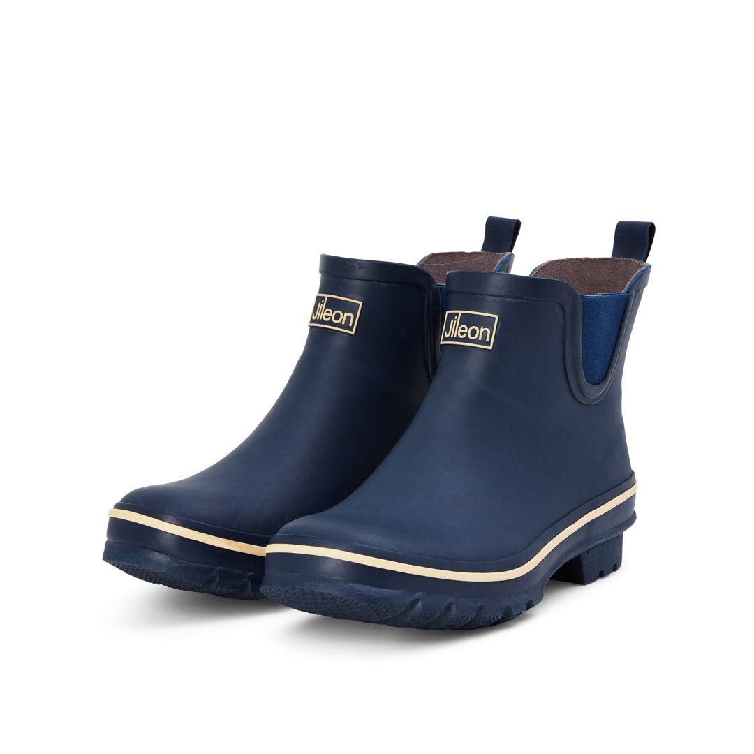 Ankle Wellies - Navy Blue with Cream Trim - Wide Foot - Easy to Slip On