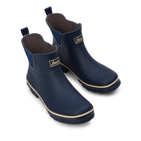 Ankle Wellies - Navy Blue with Cream Trim - Wide Foot - Easy to Slip On
