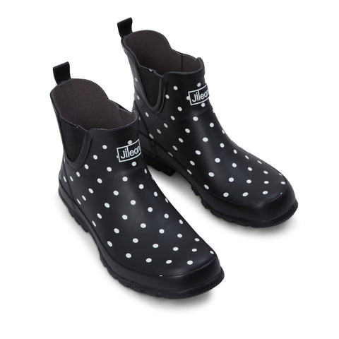 Ankle Wellies - Black and White Spot - Wide Foot - Easy to Slip On
