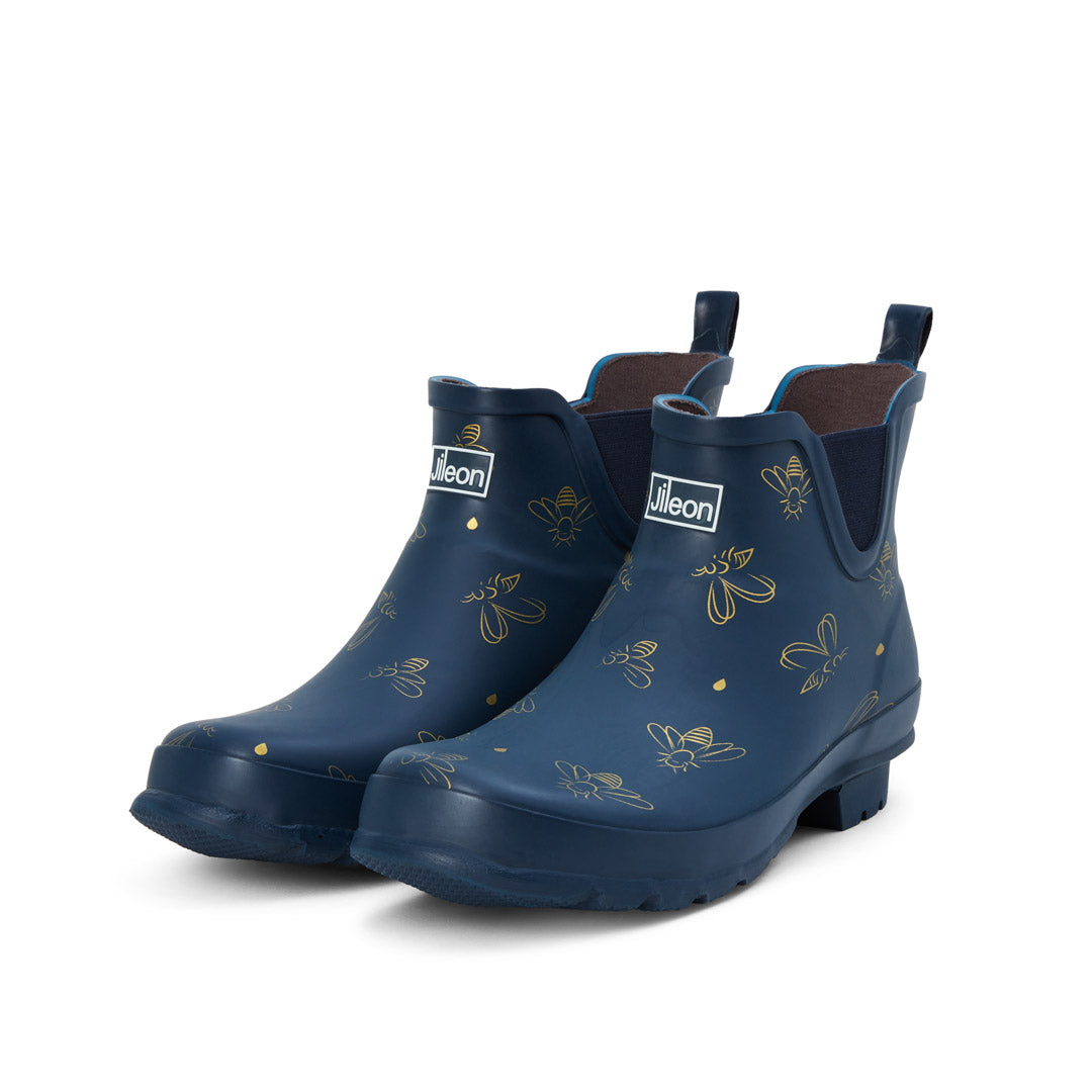 Ankle Wellies - Navy with Bumble Bees - Wide Foot - Easy to Slip On