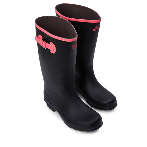 Wide Calf Wellies for Women Black with Pink Trim- Wide Foot