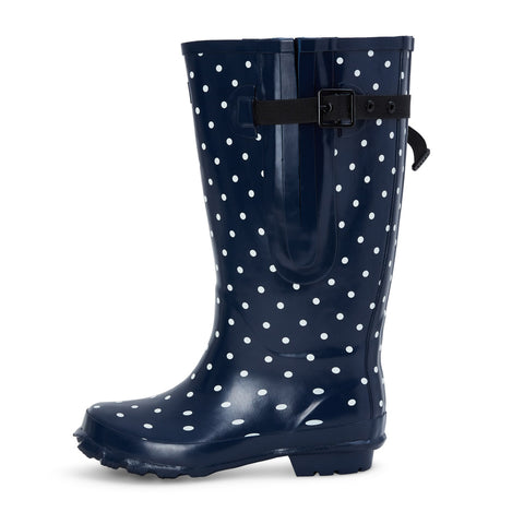 Extra Wide Calf Navy Spotty Wellies - Wide in Foot and Ankle - Fit 40-57cm Calf
