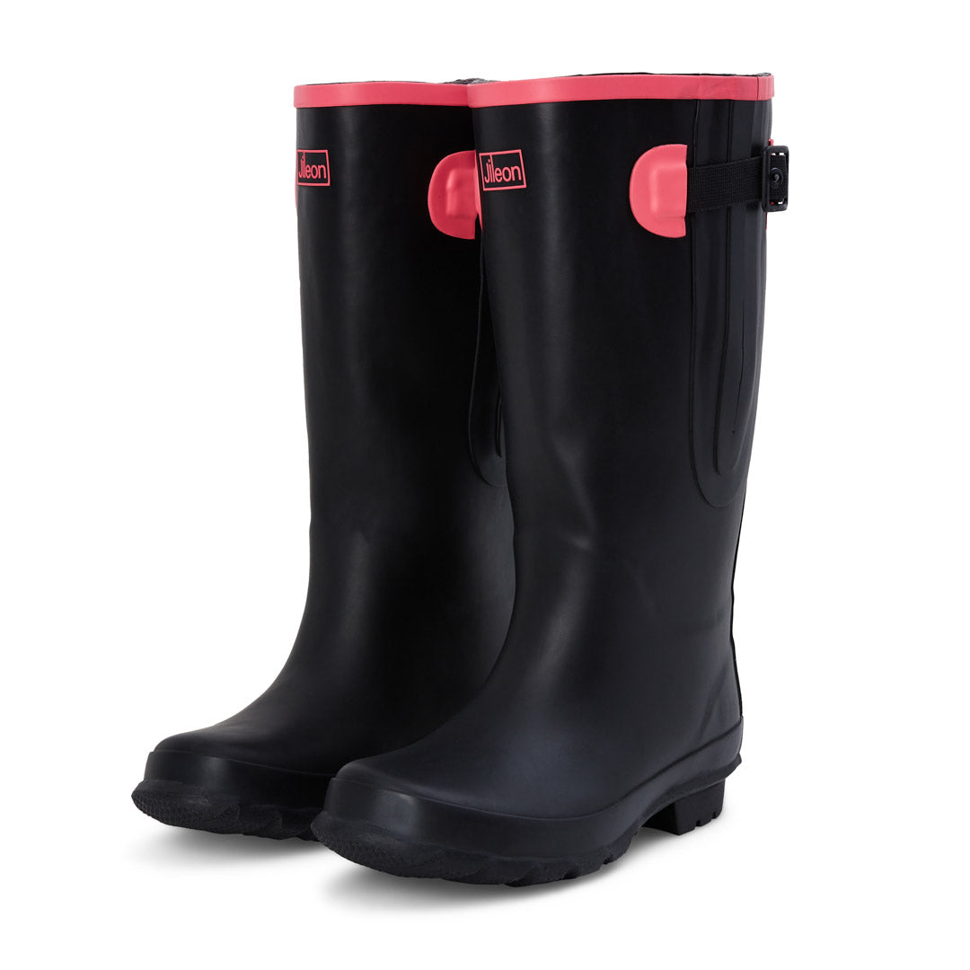 Extra Wide Calf Black Wellies with Hot Pink Trim - Wide in Foot & Ankle - Fit 40-57cm Calf