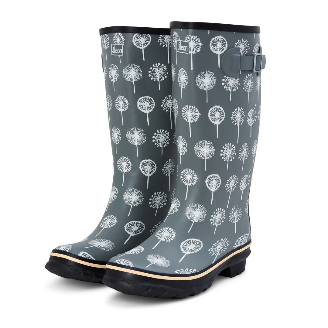 Wide Calf Wellies for Women Grey Dandelion Up to 46cm Calf