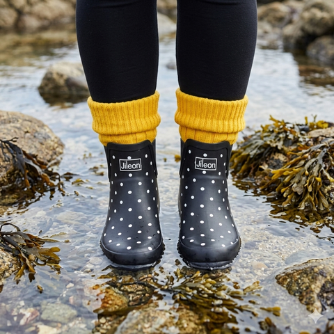 Ankle Wellies - Black and White Spot - Wide Foot - Easy to Slip On
