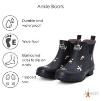 Ankle Wellies - Black Floral - Wide Foot - Easy to Slip On