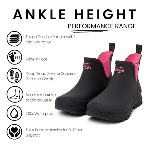 Ankle Performance Wellies - Black Pink Trim - Easy to Slip On