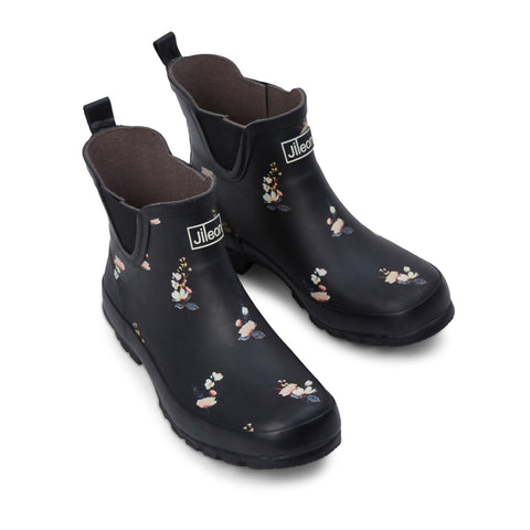 Ankle Wellies - Black Floral - Wide Foot - Easy to Slip On - Jileon Wellies