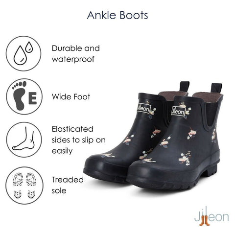 Ankle Wellies - Black Floral - Wide Foot - Easy to Slip On - Jileon Wellies