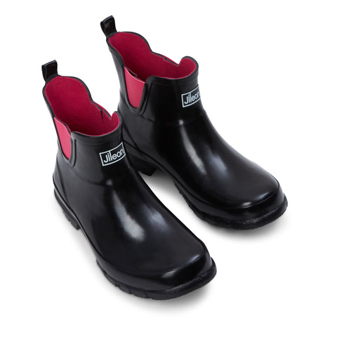Ankle Wellies - Black Glossy - Wide Foot - Easy to Slip On - Jileon Wellies