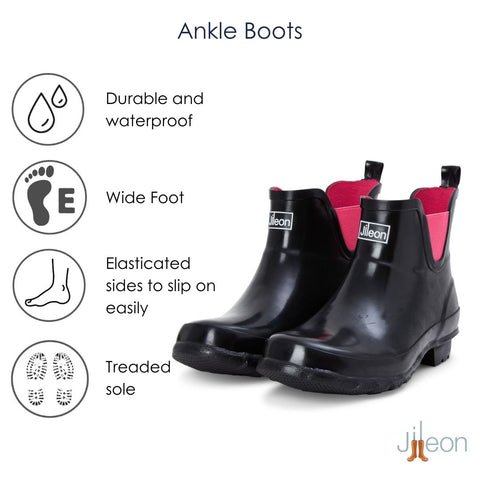 Ankle Wellies - Black Glossy - Wide Foot - Easy to Slip On - Jileon Wellies