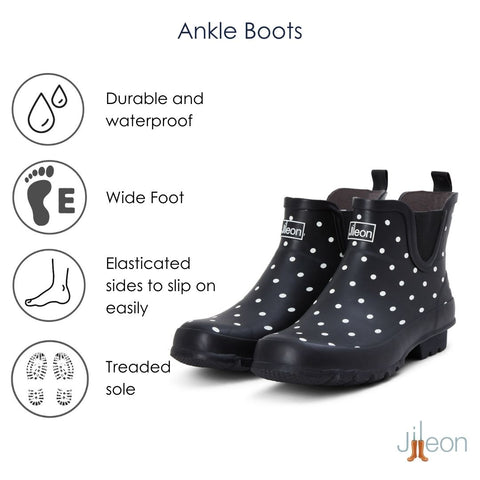 Ankle Wellies - Black and White Spot - Wide Foot - Easy to Slip On - Jileon Wellies