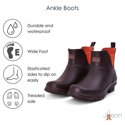 Ankle Wellies - Chocolate and Orange Trim - Wide Foot - Easy to Slip On - Jileon Wellies