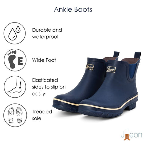 Ankle Wellies - Navy Blue with Cream Trim - Wide Foot - Easy to Slip On - Jileon Wellies