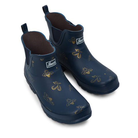 Ankle Wellies - Navy with Bumble Bees - Wide Foot - Easy to Slip On - Jileon Wellies