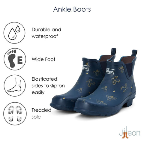 Ankle Wellies - Navy with Bumble Bees - Wide Foot - Easy to Slip On - Jileon Wellies