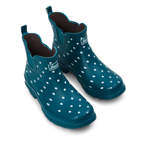 Ankle Wellies - Teal with White Spots - Wide Foot - Easy to Slip On - Jileon Wellies