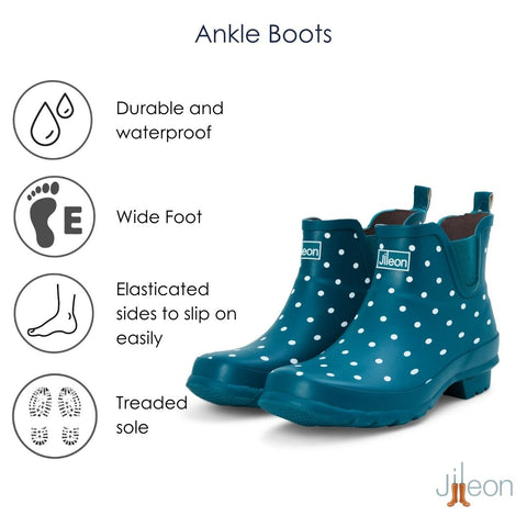 Ankle Wellies - Teal with White Spots - Wide Foot - Easy to Slip On - Jileon Wellies