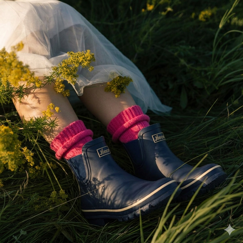 Ankle Wellies - Navy Blue with Cream Trim - Wide Foot - Easy to Slip On