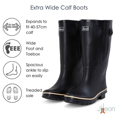 Extra Wide Calf Black Wellies - Wide in Foot and Ankle - Fit 40-57cm Calf