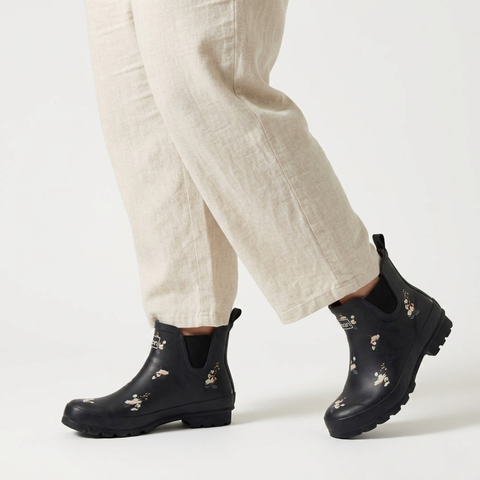 Ankle Wellies - Black Floral - Wide Foot - Easy to Slip On