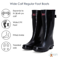 Wide Calf Wellies - Black Glossy - Regular Fit in Foot and Ankle - 37 to 49cm Calf
