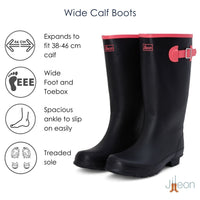 Wide Calf Wellies - Black with Hot Pink Trim- Wide in Foot and Ankle - 37 to 46cm Calf