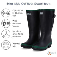 Extra Wide Calf Black Wellies with Rear Gusset - Wide Foot & Ankle - Fit 40-50cm Calf