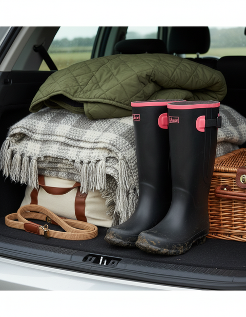 Extra Wide Calf Black Wellies with Hot Pink Trim - Wide in Foot & Ankle - Fit 40-57cm Calf