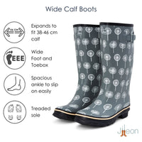 Wide Calf Grey Dandelion Wellies for Women - Wide in Foot and Ankle - 37 to 46cm Calf