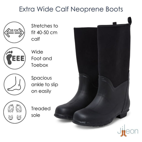 Extra Wide Calf Black Neoprene Wellies - Wide in Foot and Ankle - Fit 40-50cm Calf - Jileon Wellies