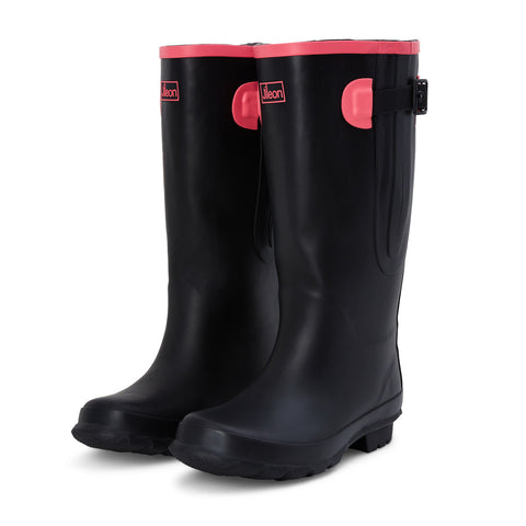 Extra Wide Calf Black Wellies with Hot Pink Trim - Wide in Foot & Ankle - Fit 40-57cm Calf - Jileon Wellies