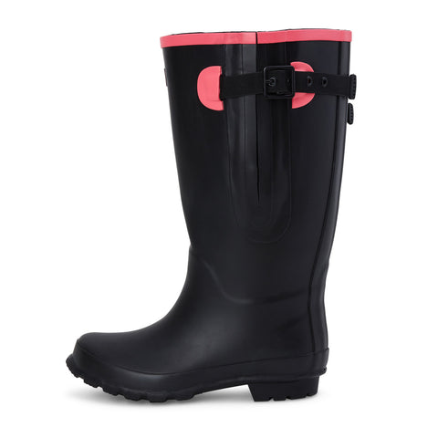 Extra Wide Calf Black Wellies with Hot Pink Trim - Wide in Foot & Ankle - Fit 40-57cm Calf - Jileon Wellies
