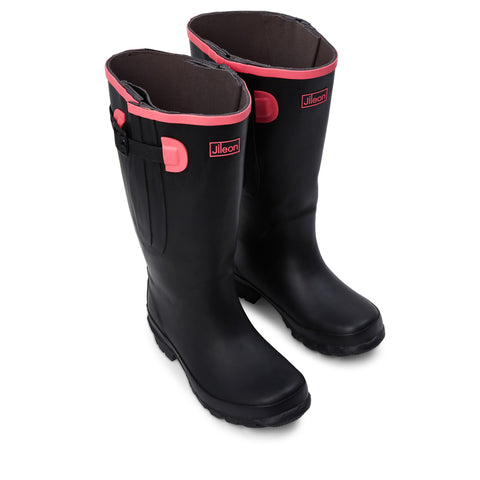 Extra Wide Calf Black Wellies with Hot Pink Trim - Wide in Foot & Ankle - Fit 40-57cm Calf - Jileon Wellies