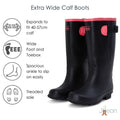 Extra Wide Calf Black Wellies with Hot Pink Trim - Wide in Foot & Ankle - Fit 40-57cm Calf - Jileon Wellies