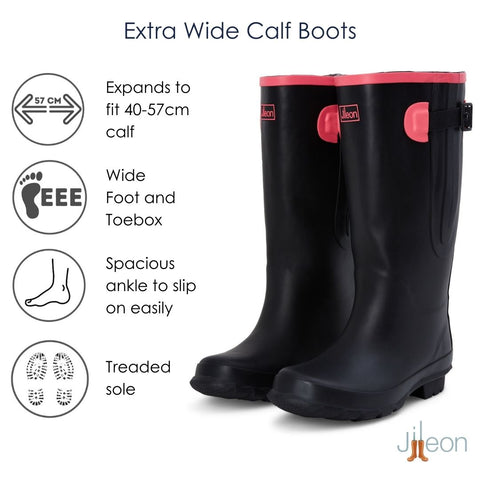 Extra Wide Calf Black Wellies with Hot Pink Trim - Wide in Foot & Ankle - Fit 40-57cm Calf - Jileon Wellies