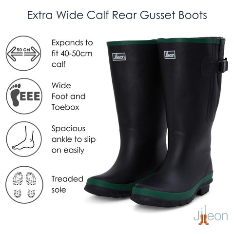 Extra Wide Calf Black Wellies with Rear Gusset - Wide Foot & Ankle - Fit 40-50cm Calf - Jileon Wellies