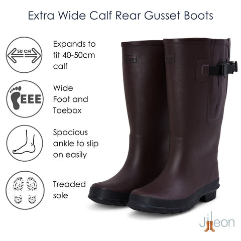Extra Wide Calf Brown Wellies with Rear Gusset - Wide Foot & Ankle - Fit 40-50cm Calf - Jileon Wellies