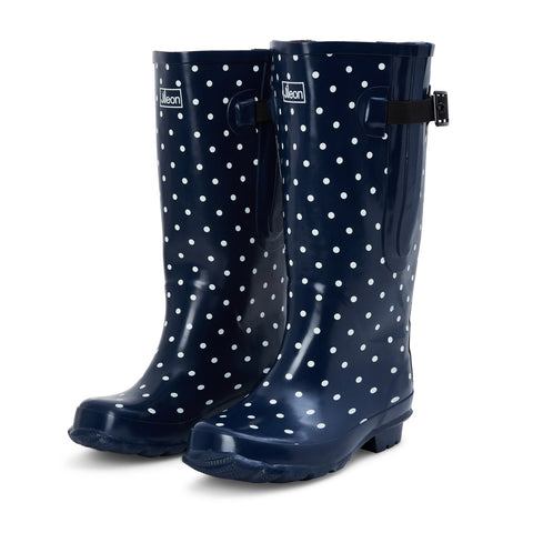 Extra Wide Calf Navy Spotty Wellies - Wide in Foot and Ankle - Fit 40-57cm Calf - Jileon Wellies